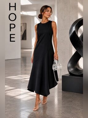 HOPE Sweden Black Asymmetrical Draped Midi Dress Scandinavian Luxury Size 8/M